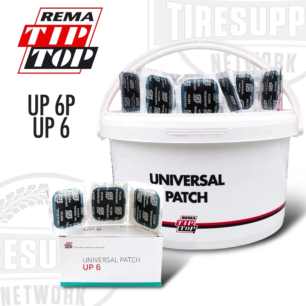 A box and a pail containing black tire repair patches with the Rema brand visible on the packaging.