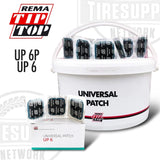 A box and a pail containing black tire repair patches with the Rema brand visible on the packaging.