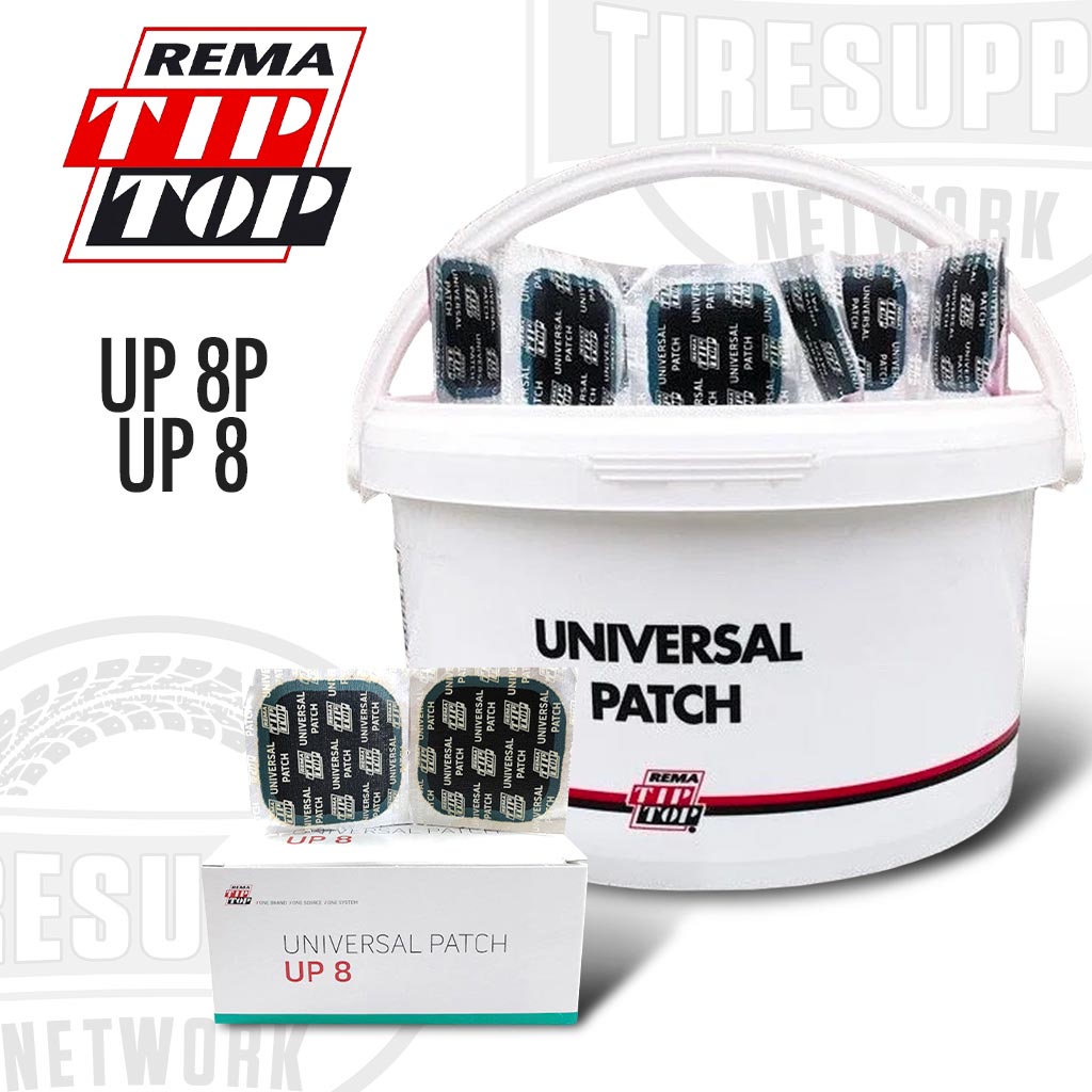 A box and a pail containing square universal tire repair patches with the Rema brand visible on them.
