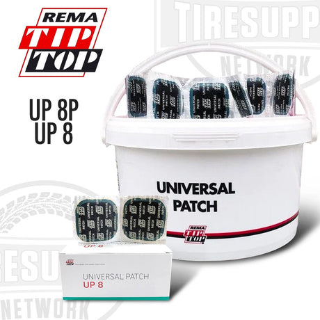A box and a pail containing square universal tire repair patches with the Rema brand visible on them.