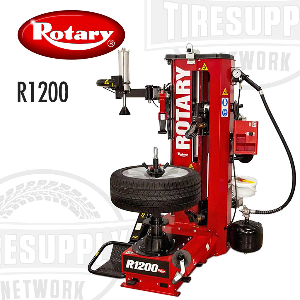 A red Rotary R1200 tire changer with black and gray details, featuring a tire mounted on the machine, and branding visible on the side.