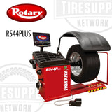 Red rotary tire balancing machine with a tire on it, featuring the Rotary logo and TIRE SUPPLY NETWORK branding. R544PLUS