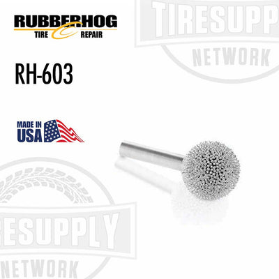 A silver-colored Rubberhog tire repair tool with a 7/8 inch coarse sphere attached to a quarter-inch shaft, intended for skiving and texturing of tire repairs. RH-603