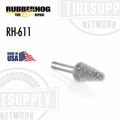 Rubberhog RH-611 tapered coarse shaft tool for tire repair with a 'Made in USA' label and the Tire Repair Supply logo.