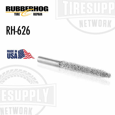 A 1/4" nail hole reamer tool with a coarse (330) texture, designed for tire repair, with the Rubberhog logo and Made in USA flag. RH-626