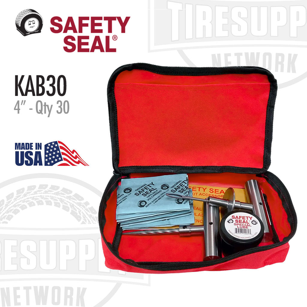 Safety Seal kit with tools and materials in a red case, branded with Safety Seal and Tire Supply Network. KAB30