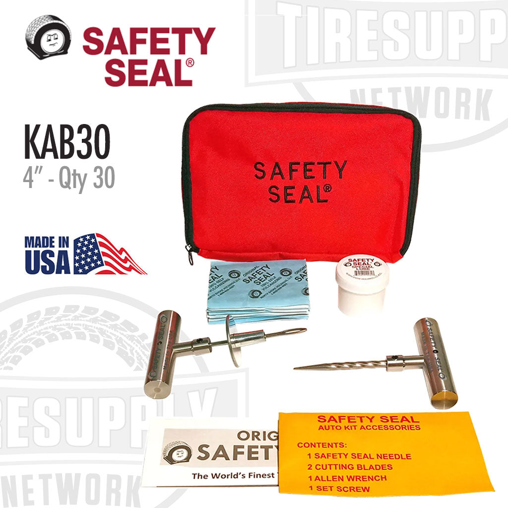 Safety Seal kit with red pouch, needle, blades, and wrench on a white background. KAB30
