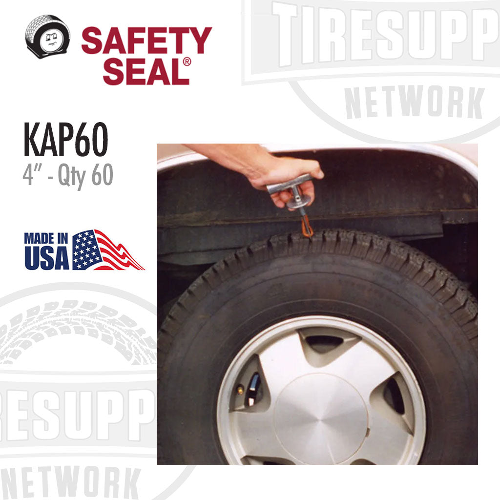 Safety Seal KAP60 tire sealant packaging with a hand using a tool on a tire. KAP60