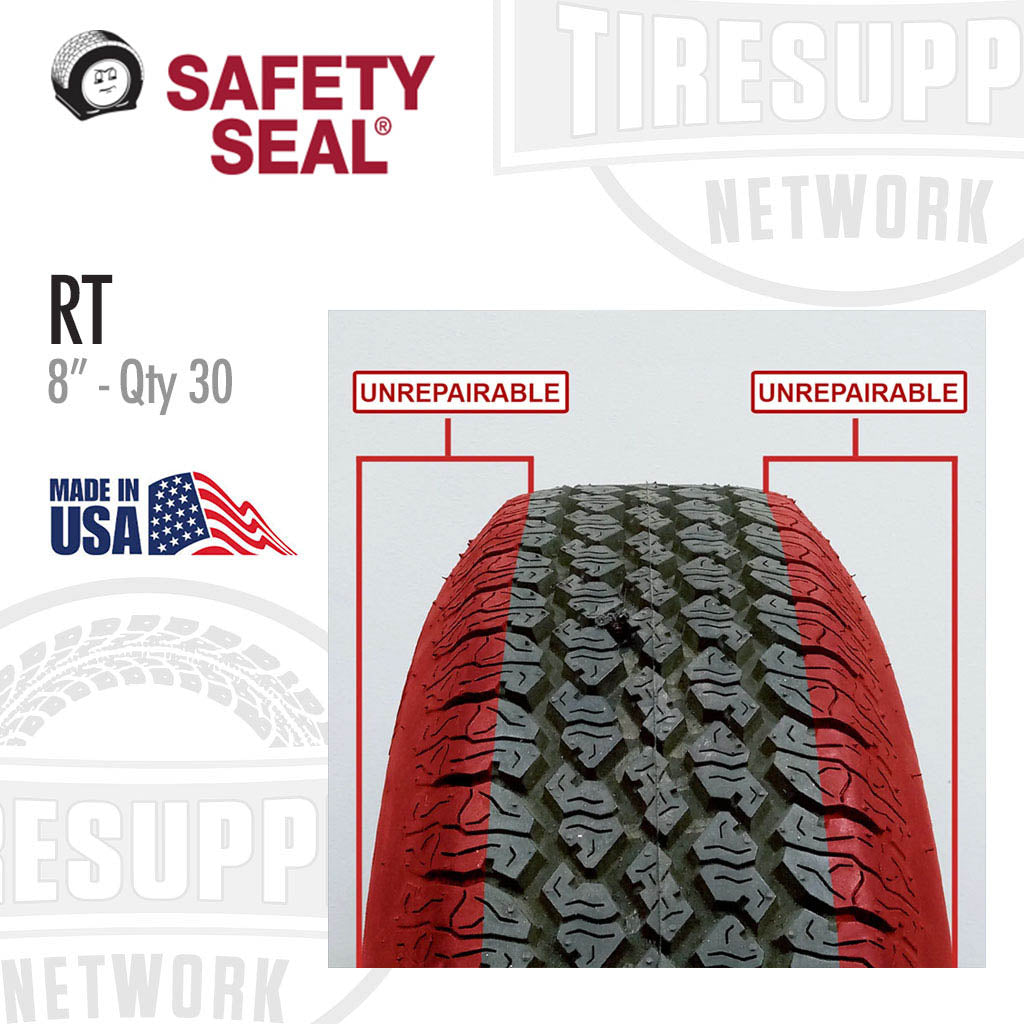 Tire with &#39;Unrepairable&#39; label and Safety Seal branding on a white background. RT