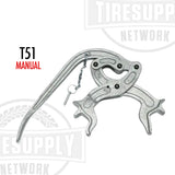 A manual tire spreader made of metal, with a lock pin and branding tag, displayed against a white background. T51