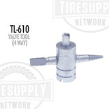 A 4 way valve tool designed for repairing and reconditioning inside and outside valve threads, and for inserting and removing cores. The tool appears to be made of a durable metal and is cadmium-plated. TL-610