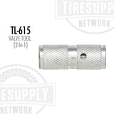 A silver-colored 2-in-1 valve tool combination core remover and deflator with textured grips and markings 'TL-615 VALVE TOOL (2-In-1)'.