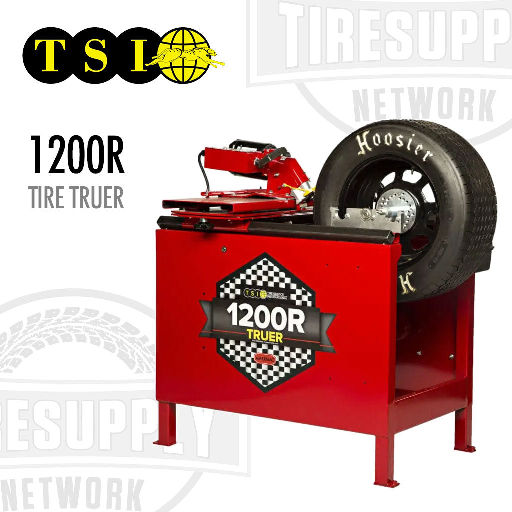 Red tire truing machine with a tire on it, featuring the TSI logo and &#39;Tire Supply Network&#39; branding. TSI | Amermac Tire Truer (1200R)
