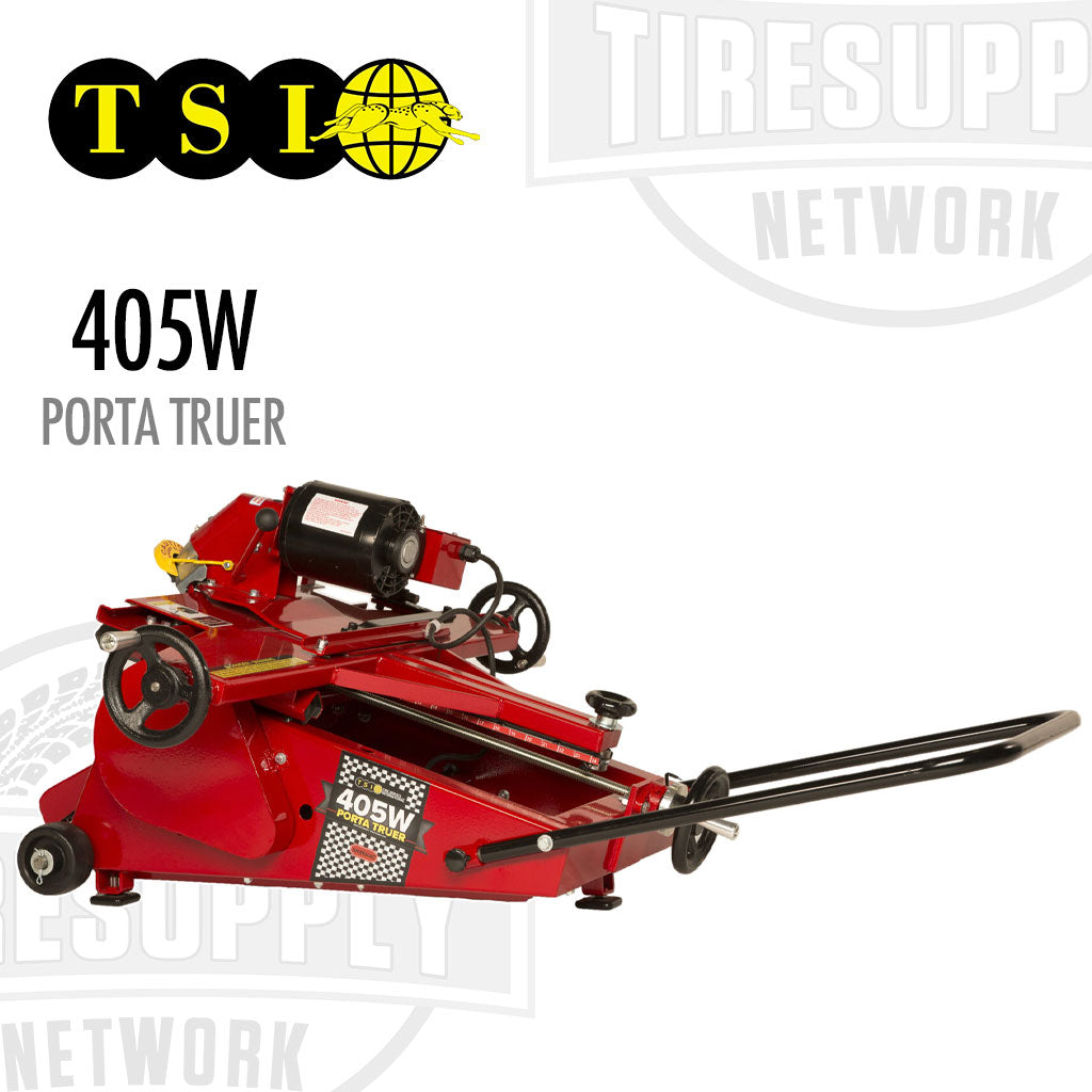 Red Porta Truer machine with &#39;TSI&#39; and &#39;Tire Supply Network&#39; branding on a white background. TSI | Porta Truer (405W)