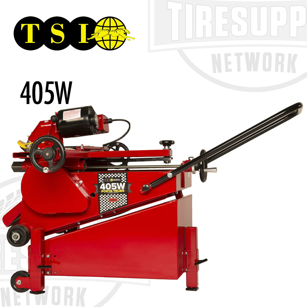 Red tire machine with &#39;405W&#39; label on a white background, featuring TSI and tire supply Network logos. TSI | Porta Truer (405W)