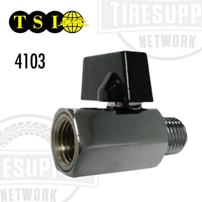 Air inlet ball valve with a black handle and metallic body, labeled with the TSI brand and the model number 4103.