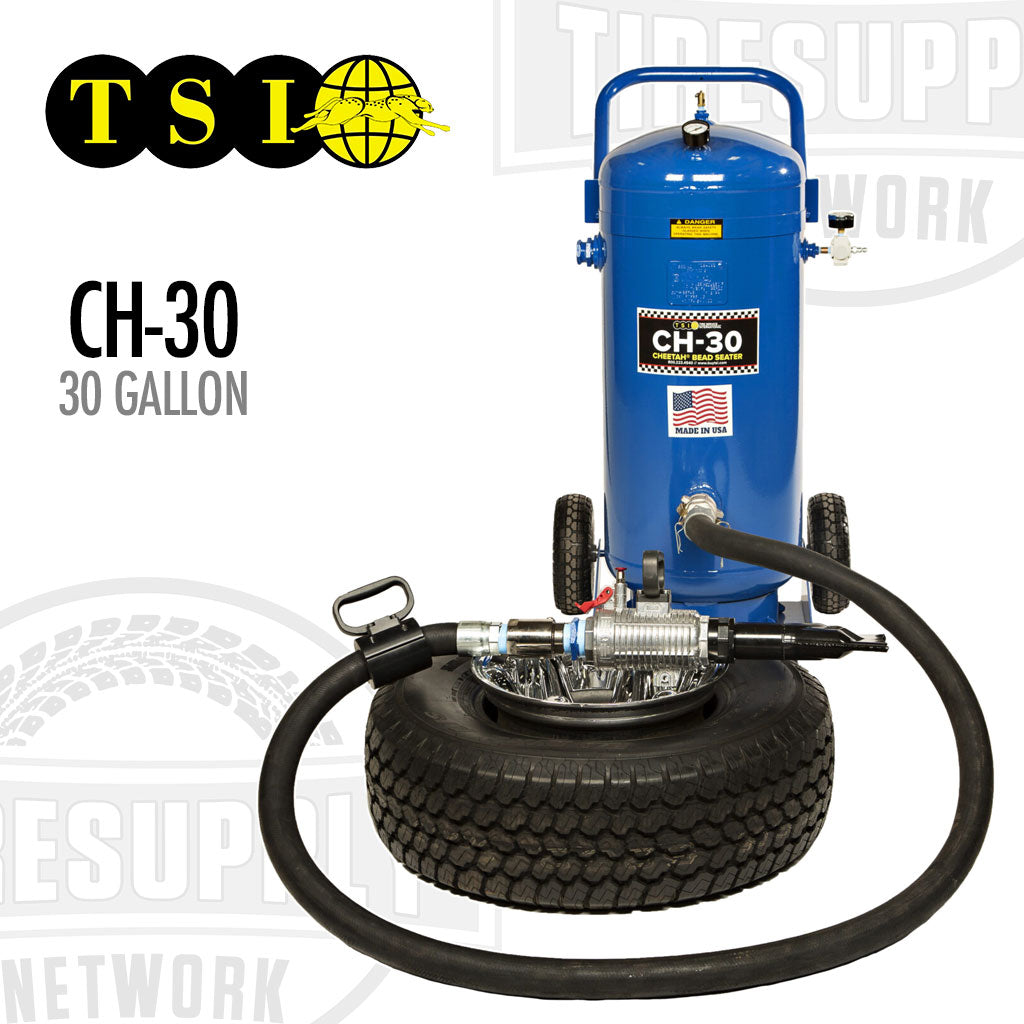 Blue 30-gallon paint sprayer with hose on a white background, featuring TSL branding. TSI | Cheetah Bead Seater – 30 Gallon ASME Tank (CH-30)