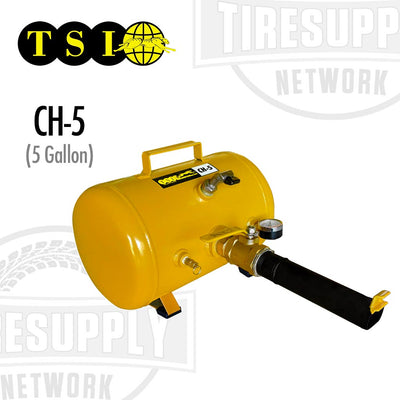 A yellow 5 gallon steel tank bead seater with a black handle and TSIs logo on the side. TSI CH5