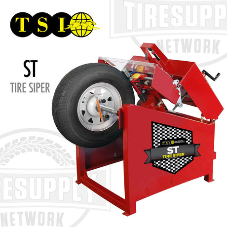 Red tire siper machine with a tire on a white background, featuring the TSI logo. TSI | Tire Siper Sizes 12" - 24.5" (ST)