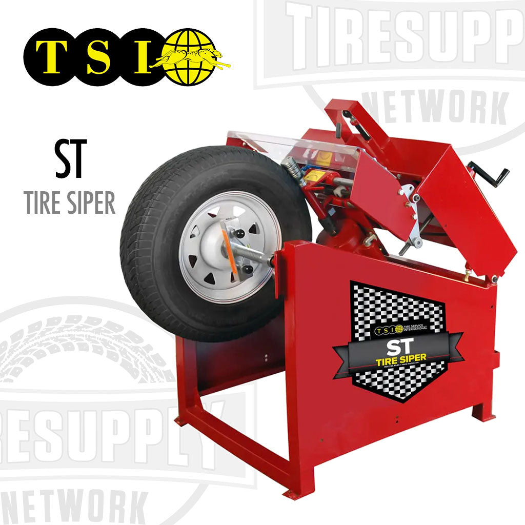 Red tire siper machine with a tire on a white background, featuring the TSI logo. TSI | Tire Siper Sizes 12&quot; - 24.5&quot; (ST)