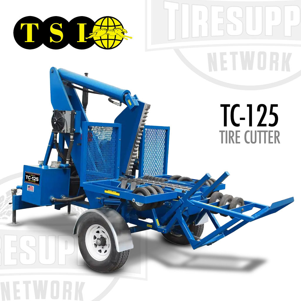 Blue tire cutter with 'TSI' logo and 'TC-125' model number on a white background. TSI | Tire Cutter 4 Turbo Powered 49.6 HP Kubota Diesel Engine (TC-125)