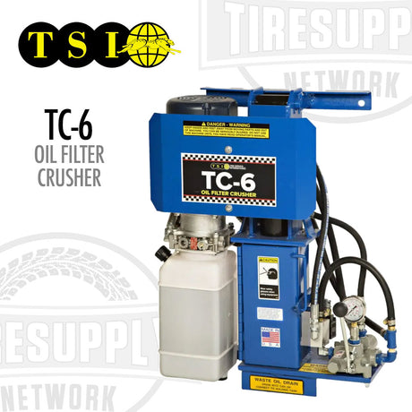 Blue oil filter crusher with 'TSI' and 'Tire supply Network' branding on a white background.