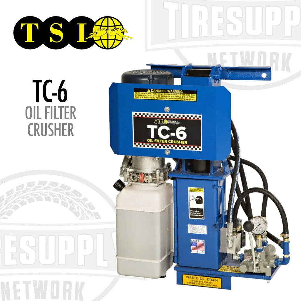 Blue oil filter crusher with &#39;TSI&#39; and &#39;Tire supply Network&#39; branding on a white background.