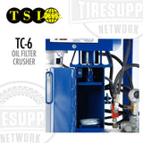 Blue oil filter crusher with 'TSI' and 'TIRE SUPPLY NETWORK' branding on a white background.