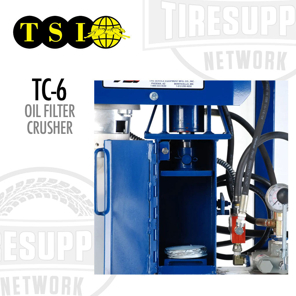 Blue oil filter crusher with &#39;TSI&#39; and &#39;TIRE SUPPLY NETWORK&#39; branding on a white background.