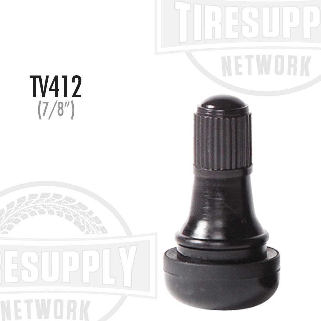 A black rubber snap-in valve stem with the label TV-412 and 7/8 inch indicated on it.