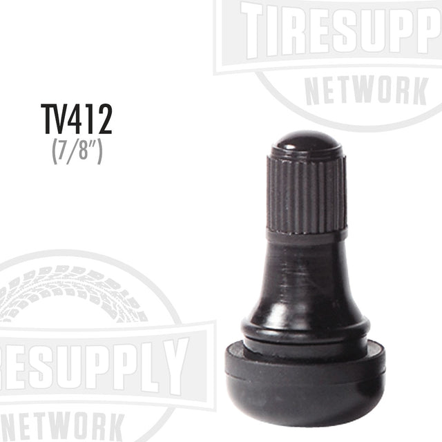 A black rubber snap-in valve stem with the label TV-412 and 7/8 inch indicated on it.