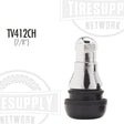 A black rubber snap-in valve stem with a chrome sleeve, branded with 'Tiresupplynetwork' and the product code 'TV-412CH'.