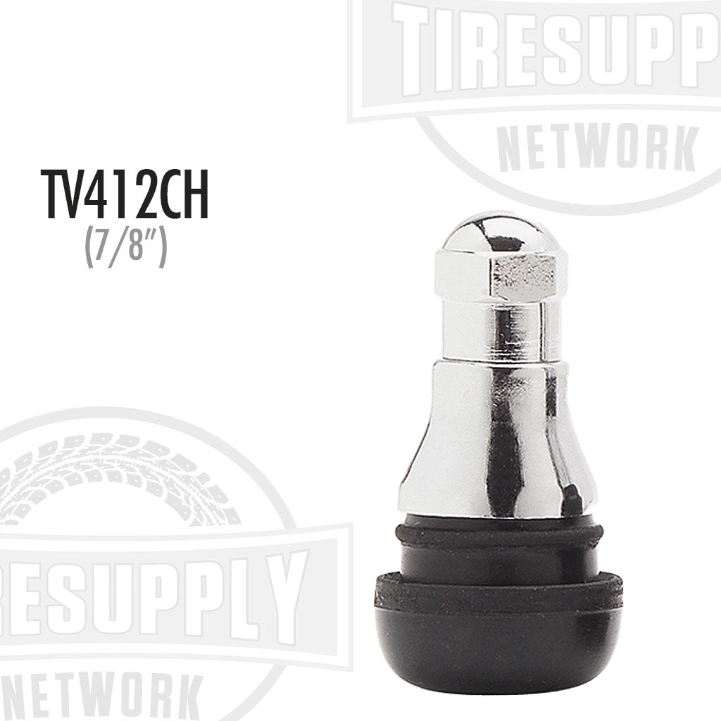 A black rubber snap-in valve stem with a chrome sleeve, branded with 'Tiresupplynetwork' and the product code 'TV-412CH'.