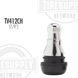 A black rubber snap-in valve stem with a chrome sleeve, branded with 'Tiresupplynetwork' and the product code 'TV-412CH'.
