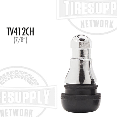 A black rubber snap-in valve stem with a chrome sleeve, branded with 'Tiresupplynetwork' and the product code 'TV-412CH'.