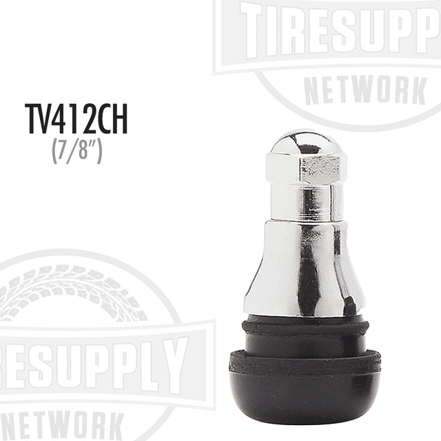 A black rubber snap-in valve stem with a chrome sleeve, branded with 'Tiresupplynetwork' and the product code 'TV-412CH'.