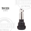A black rubber tire valve stem with a chrome sleeve, branded with 'Tiresupplynetwork.com' and labeled as 'TR413CH (1.25")'.