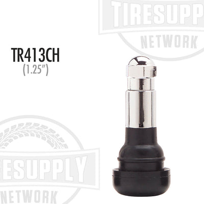 A black rubber tire valve stem with a chrome sleeve, branded with 'Tiresupplynetwork.com' and labeled as 'TR413CH (1.25")'.
