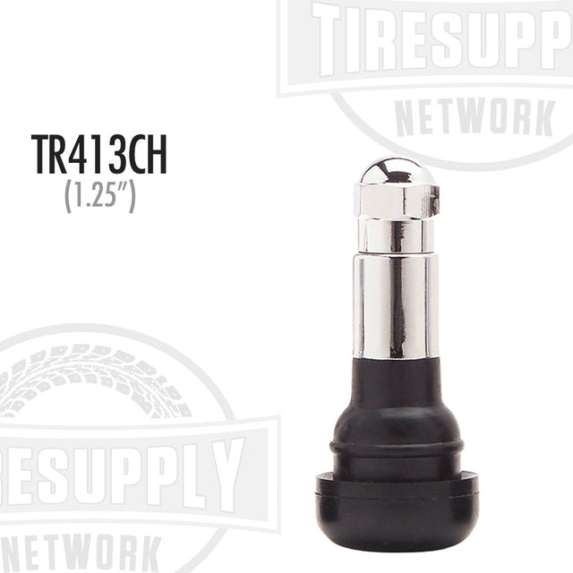 A black rubber tire valve stem with a chrome sleeve, branded with 'Tiresupplynetwork.com' and labeled as 'TR413CH (1.25")'.