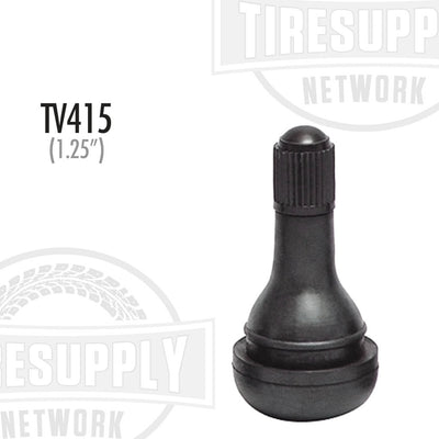 A black rubber snap-in valve stem with the label TV-415 and 1.25 inches indicated on it.