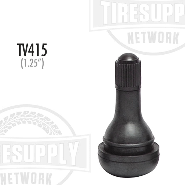A black rubber snap-in valve stem with the label TV-415 and 1.25 inches indicated on it.