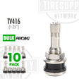 A 10 pack of 1.25 inch metal clamp-in valve stems for vehicle tires, displayed with individual valve stems shown alongside the pack.