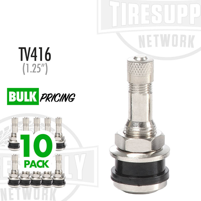 A 10 pack of 1.25 inch metal clamp-in valve stems for vehicle tires, displayed with individual valve stems shown alongside the pack.
