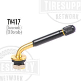 A black and gold metal valve stem with a label indicating it is for a Toronado or El Dorado car. TV-417