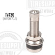A silver motorcycle metal valve stem with an O-ring seal, designed to fit a .327 hole, with the product code TV-430 displayed.