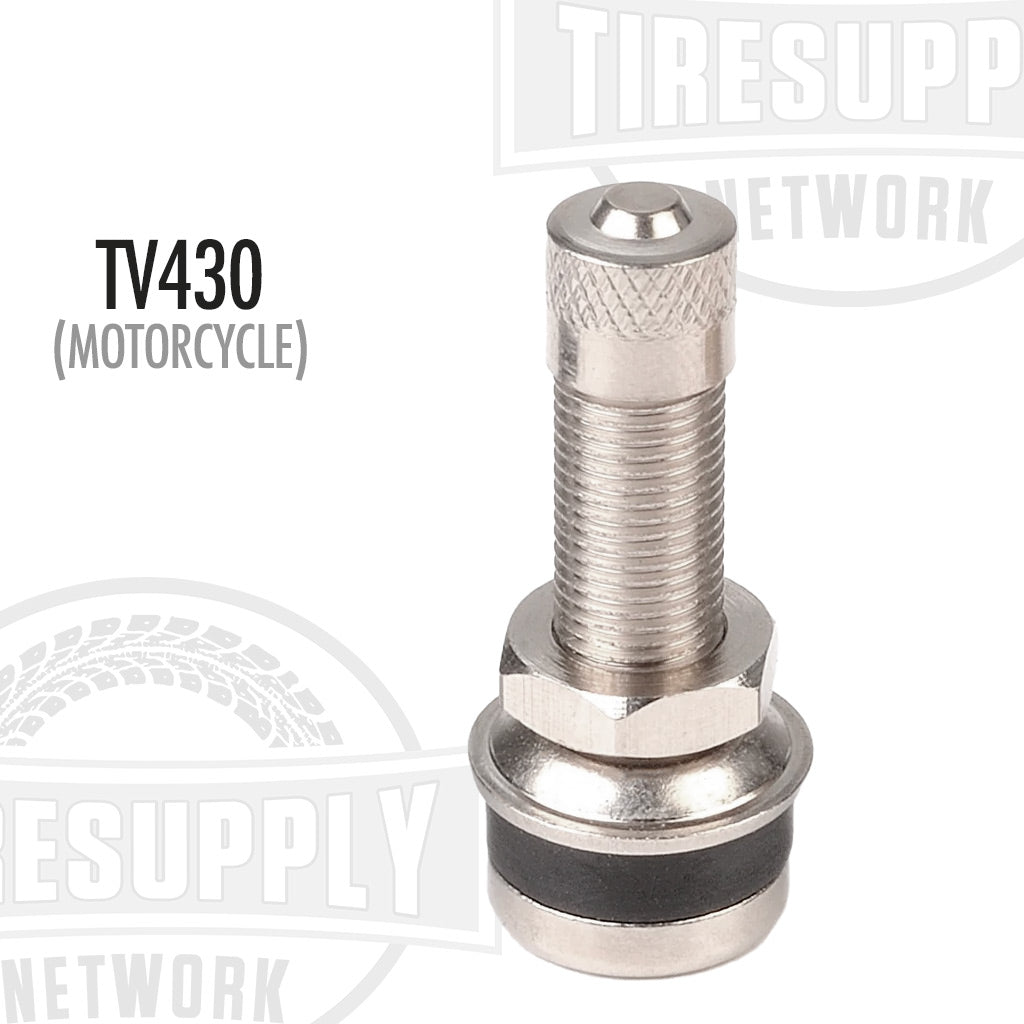A silver motorcycle metal valve stem with an O-ring seal, designed to fit a .327 hole, with the product code TV-430 displayed.