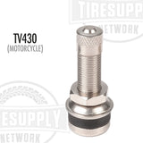 A silver motorcycle metal valve stem with an O-ring seal, designed to fit a .327 hole, with the product code TV-430 displayed.