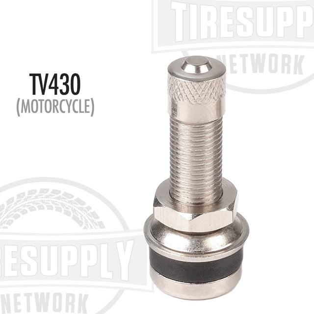 A silver motorcycle metal valve stem with an O-ring seal, designed to fit a .327 hole, with the product code TV-430 displayed.