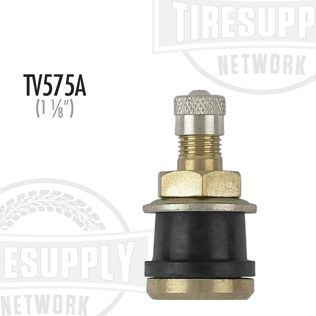 A black and silver metal valve stem designed for use with tubeless truck tires.