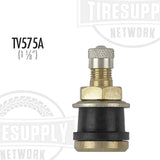 A black and silver metal valve stem designed for use with tubeless truck tires.